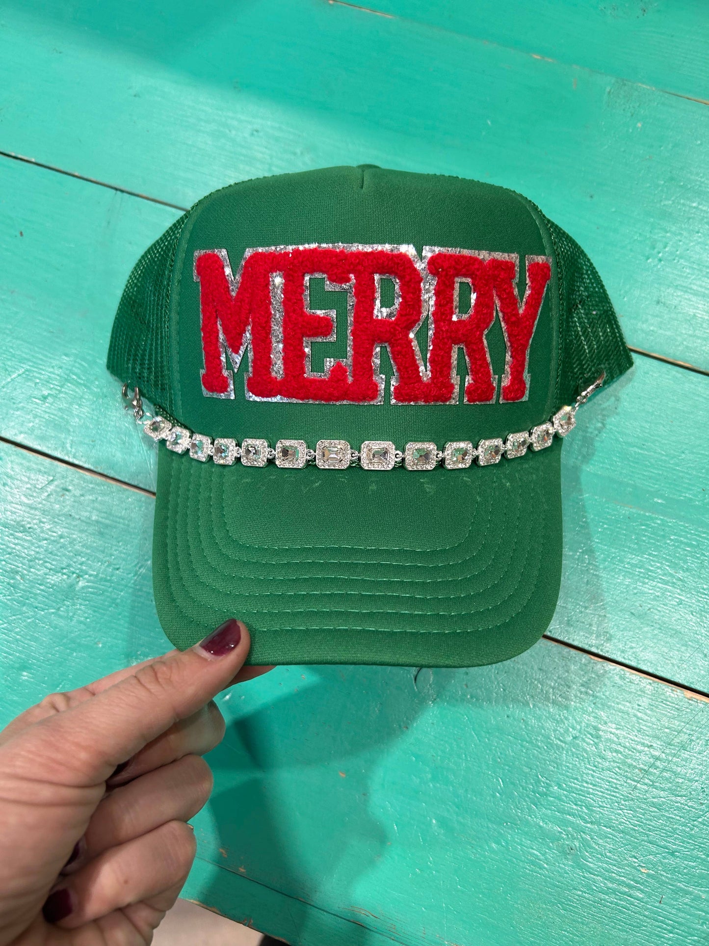 Red Chenille Merry Trucker Hat (Black hat)