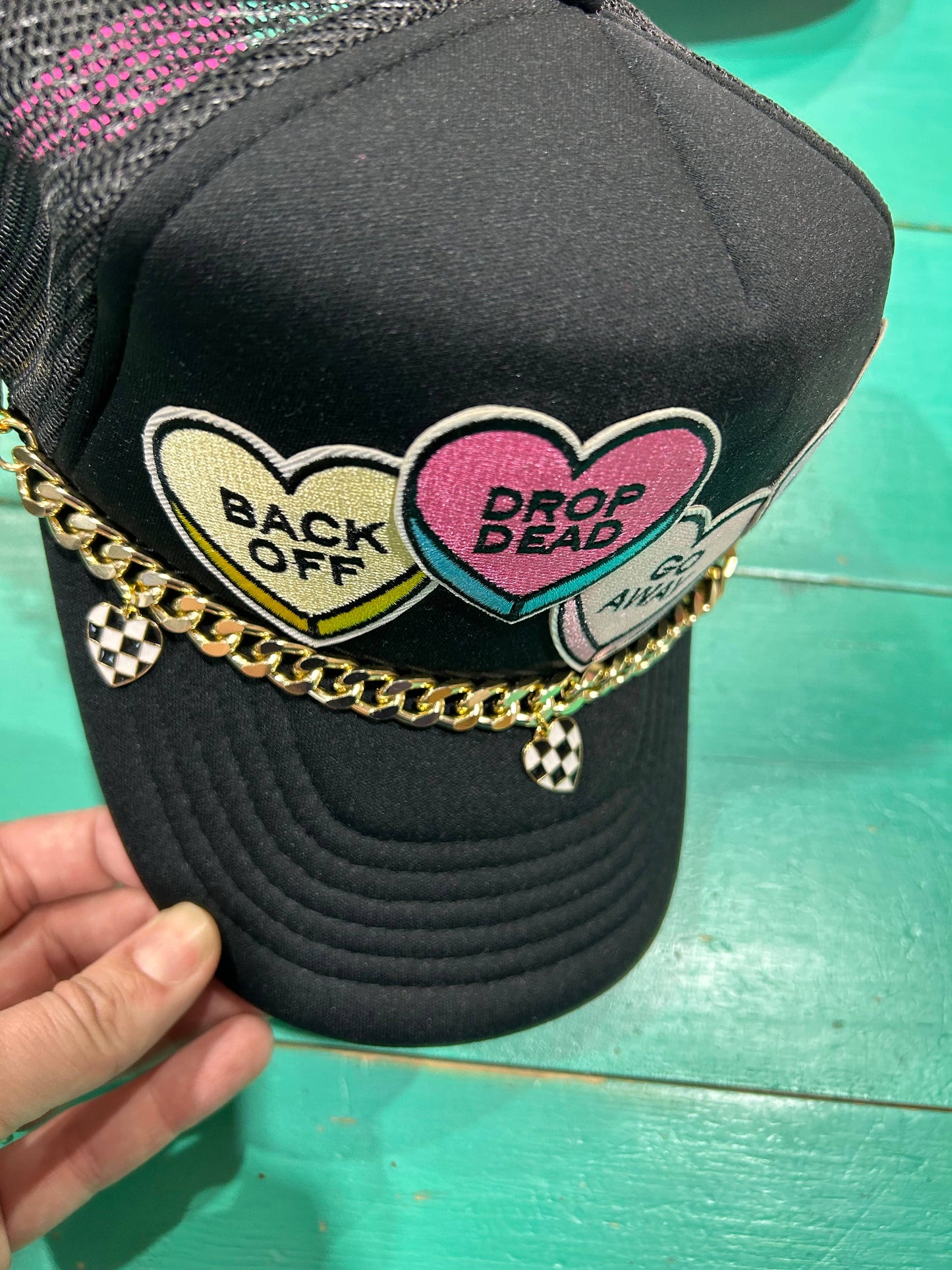 Gold Checkered Heart Trucker Hat Chain