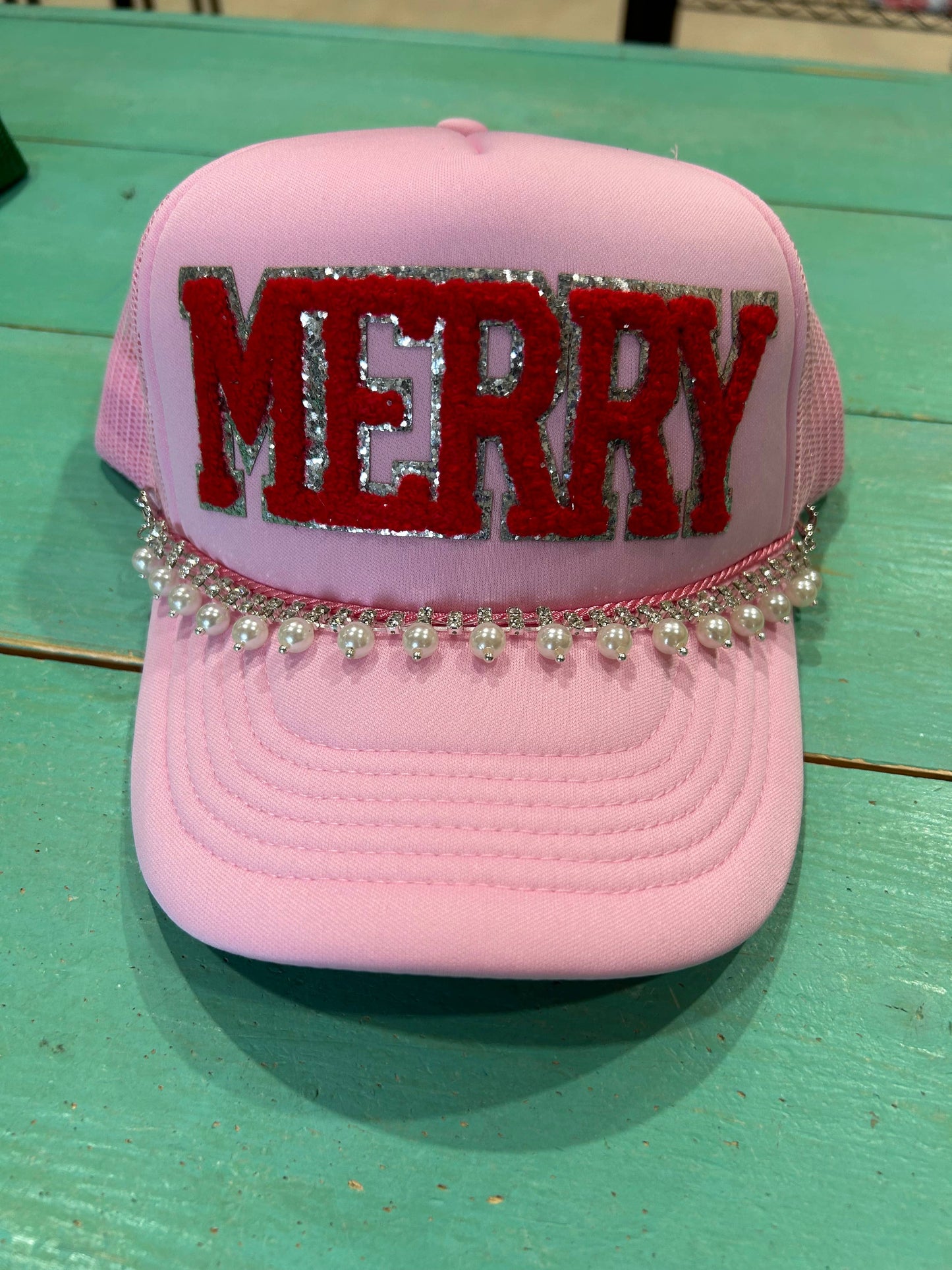 Red Chenille Merry Trucker Hat (Black hat)