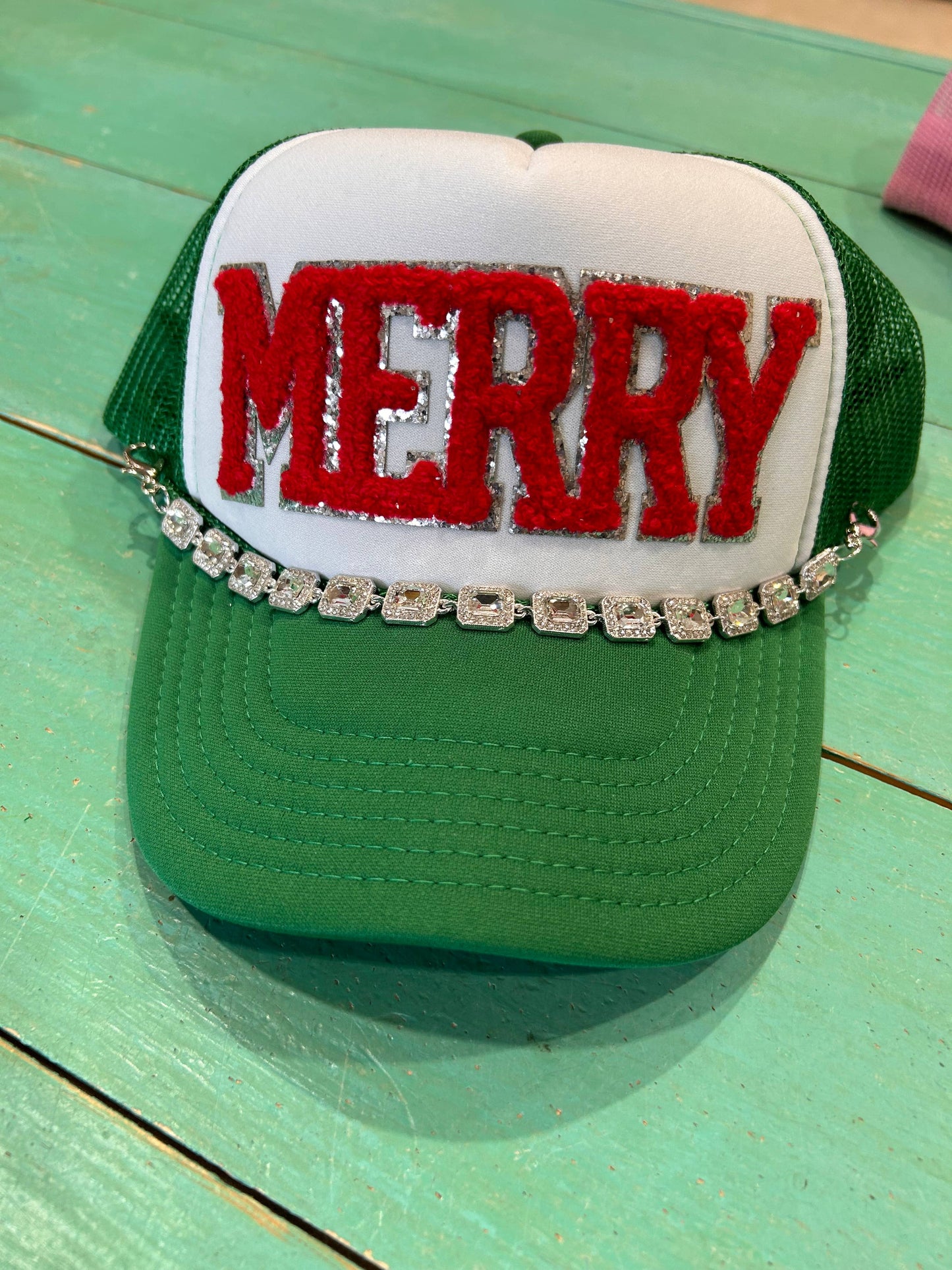 Red Chenille Merry Trucker Hat (Black hat)