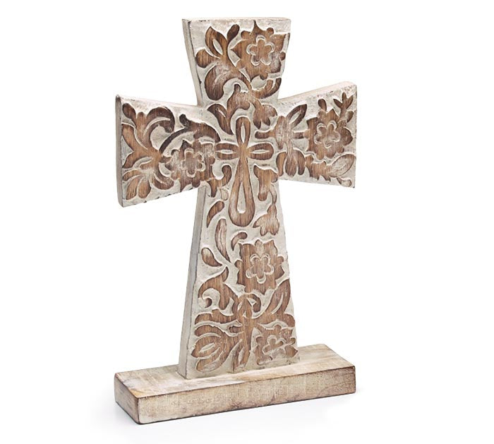 WHITEWASHED WOODEN CROSS SHELF SITTER