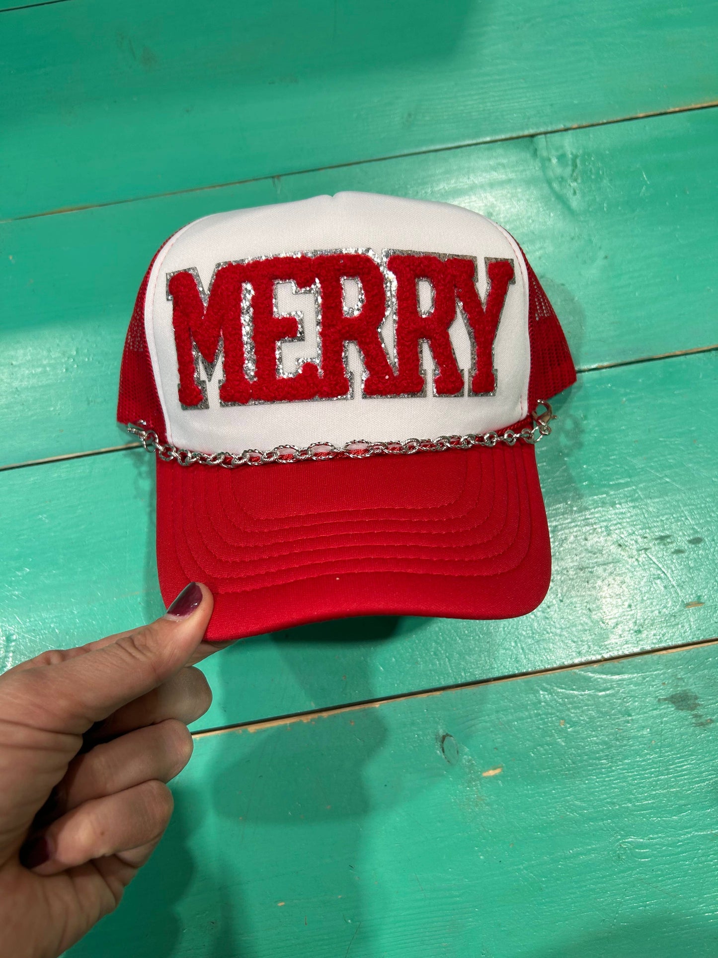 Red Chenille Merry Trucker Hat (Black hat)