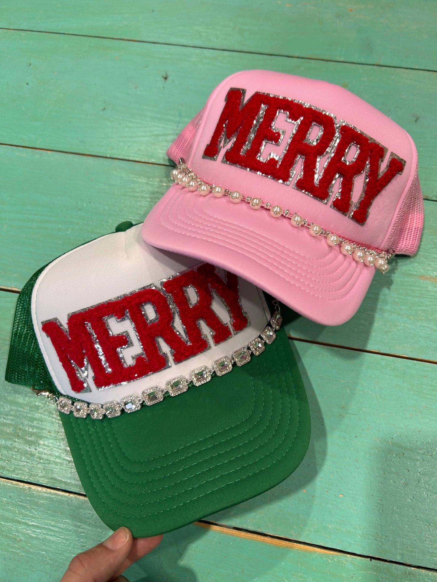 Red Chenille Merry Trucker Hat (Black hat)