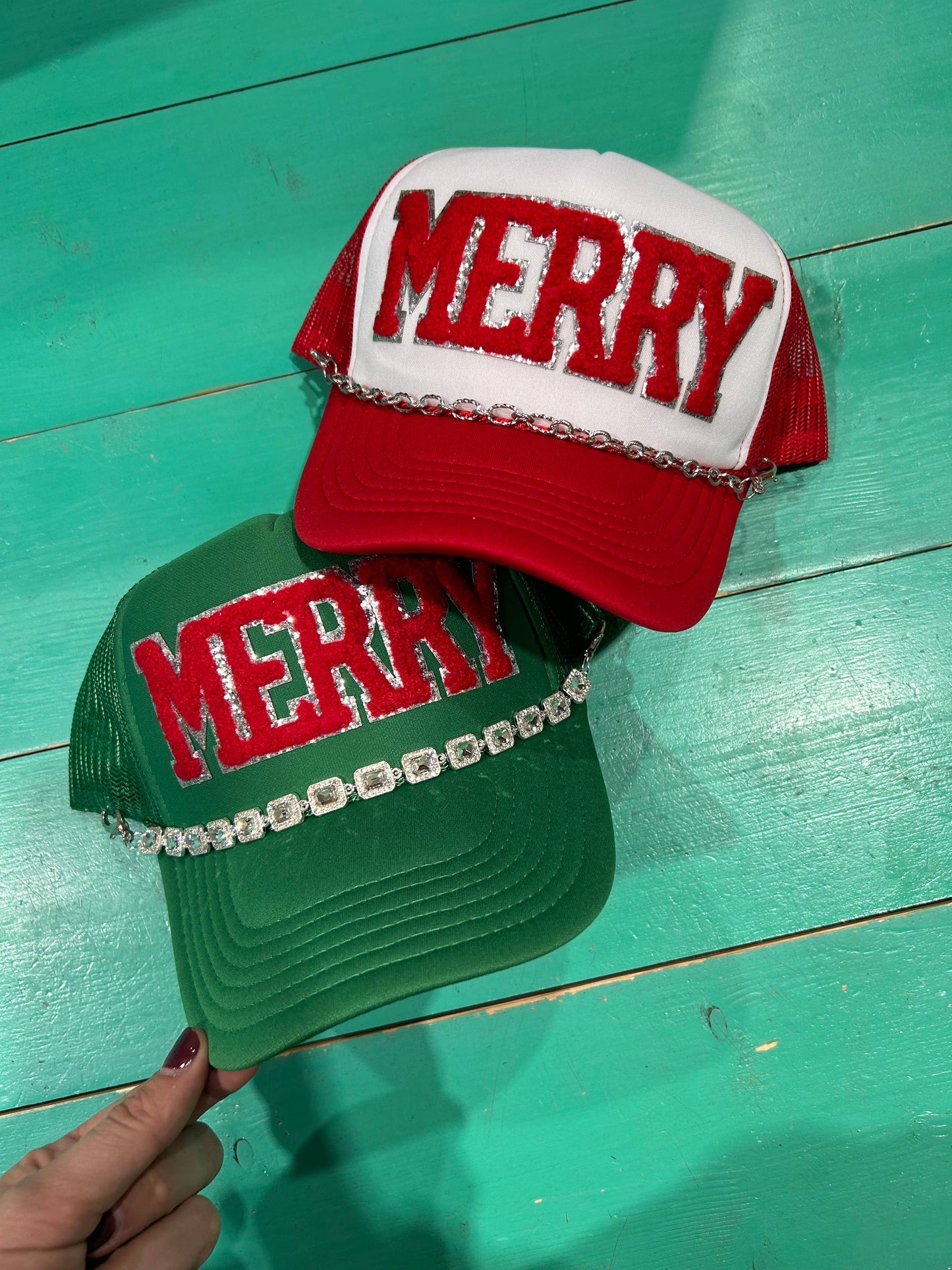 Red Chenille Merry Trucker Hat (Black hat)