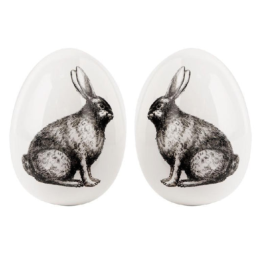 6.5 Inch Assorted White Ceramic Eggs w/Rabbit (Two Styles to Choose from)