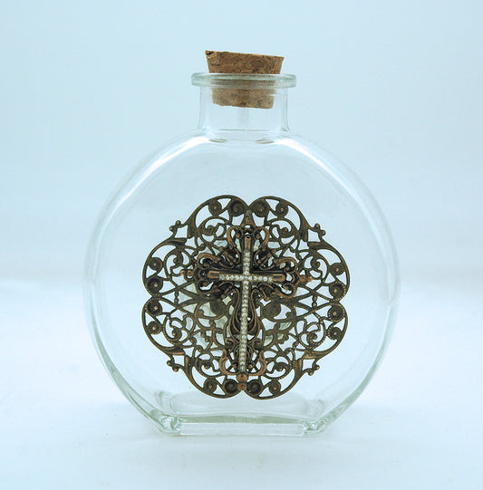 Vintage Style Holy Water Bottle, Filigree Cross