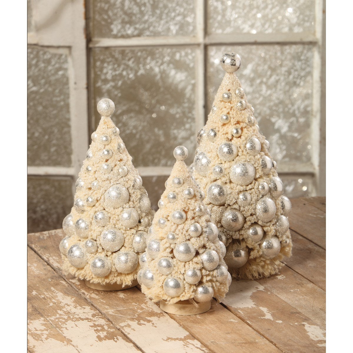 Bethany Lowe - Ivory Platinum Bottle Brush Trees Set of 3