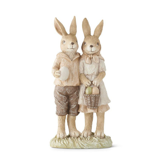 11.75 Inch Resin Boy and Girl Bunnies Holding Egg