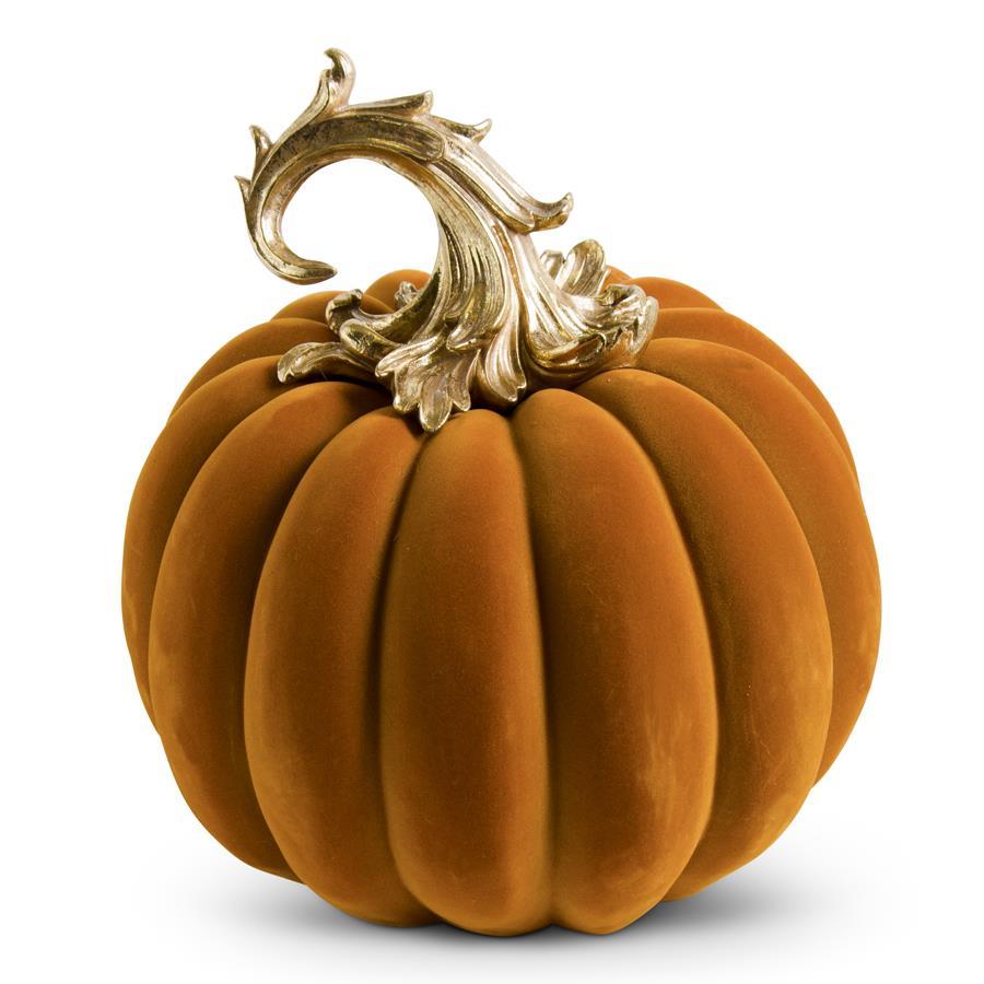 14.5 Inch Orange Velvet Pumpkin w/Gold Filigree Stem